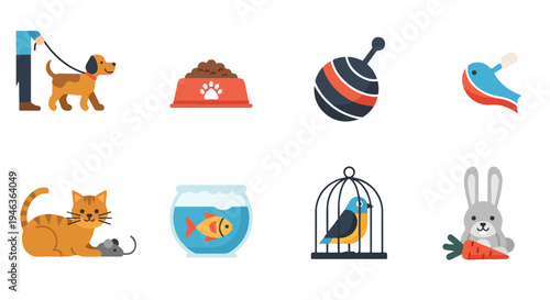 Simple flat vector icon set representing daily pet care activities, including walking a dog, a feeding bowl, and a play ball, designed with vibrant colors on a plain white background.