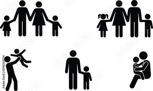 Family icons set showing parents with children, father holding child and family relationships symbols isolated on white