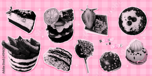 Retro dessert halftone collage set with cake, cupcake, cookie, macaron, waffle, layered pastry, lollipop and more. Vintage sweet food collection for menu design, branding, posters. Vector illustration