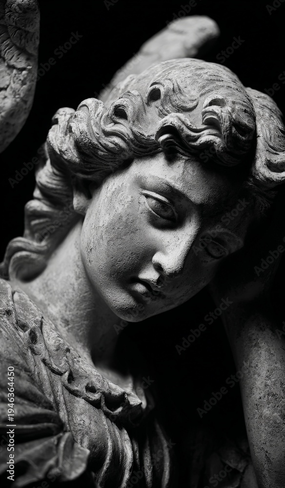 Naklejka premium black and white close-up of an angel statue 