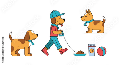 Minimal flat-style vector artwork showing pet care routine symbols like a person walking a dog, a food bowl, and a toy ball, illustrated with bright colors against a clear white background.