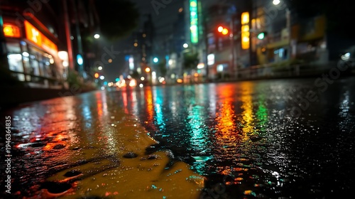Empty wet city street at night with colorful neon reflections
