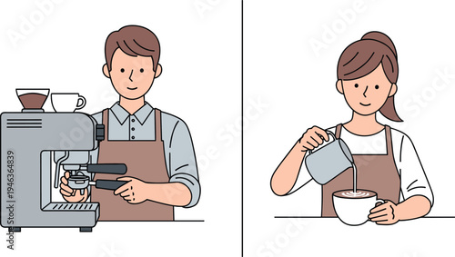 Barista preparing espresso with coffee machine and making latte art by pouring milk into cup coffee shop beverage preparation illustration