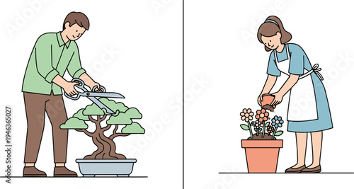 Home gardening concept with man trimming bonsai tree and woman watering flowers in pot plant care hobby nature illustration