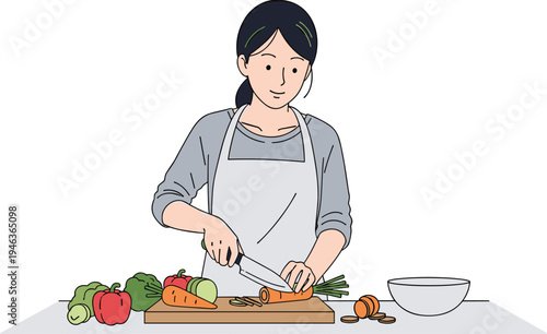 Woman chopping fresh vegetables on cutting board while preparing healthy meal at home kitchen cooking lifestyle food preparation illustration