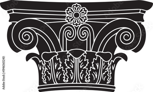 Black and white illustration of ancient Greek column capital with floral design and scrolls