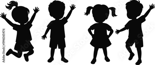 Group of happy children silhouettes playing and waving isolated on white background cad drawing flat vector illustration for school design