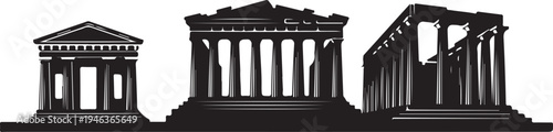Three ancient greek temple silhouettes with columns and steps side by side
