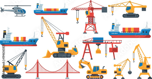 Industrial transport and construction vector set featuring cranes cargo ships helicopter excavator bridge and port equipment, logistics engineering 