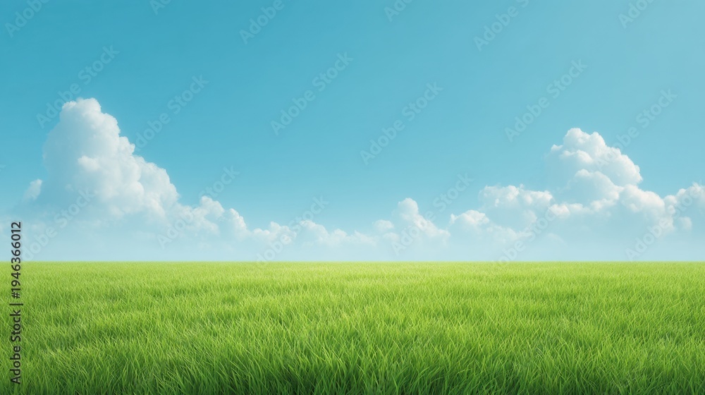 Fototapeta premium Lush Green Grass Field Under Clear Blue Sky with Fluffy White Clouds and Bright Sunshine in Tranquil Landscape