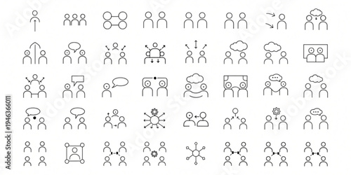 Extensive set of modern line icons illustrating diverse human interactions, social networking, team collaboration, and communication concepts for digital design projects