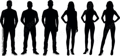 Silhouette collection of standing men and women in casual confident poses isolated on light background for fashion lifestyle people character design concept