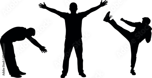 Silhouette set of active men performing stretching exercise warm up and high kick martial arts moves isolated on light background for fitness sport design