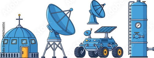 Space communication and technology cartoon set featuring satellite dishes, observatory dome, rover vehicle and industrial tank in flat vector illustration isolated on light background