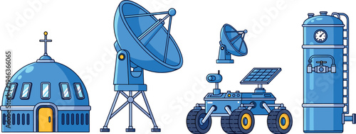 Space research technology set with satellite dish observatory dome rover vehicle and industrial tank in colorful flat vector illustration isolated on light background