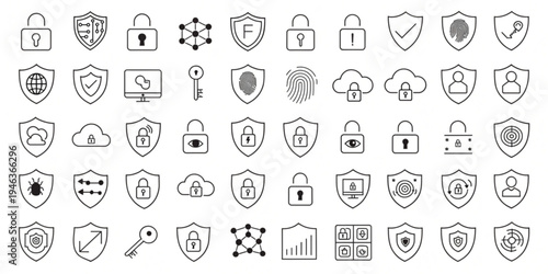 Collection of digital security and data protection icons including shields, locks, fingerprints, and cloud computing symbols
