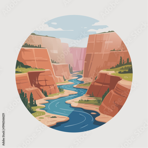 colorful illustration of river flowing through canyon landscape