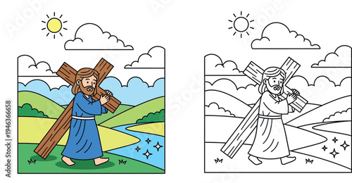 Cartoon Jesus Carrying Cross Coloring Page - Easter, Lent, Religious Education, Faith Illustration