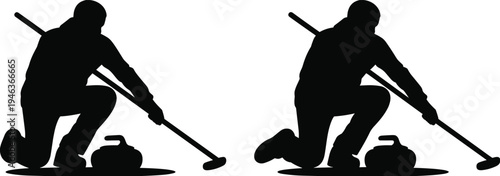 Silhouettes of Curling Players with Stone and Broom, Winter Sports Action, CAD Drawing Flat Vector Illustration, Ice Game Competition Elements, (20 words)