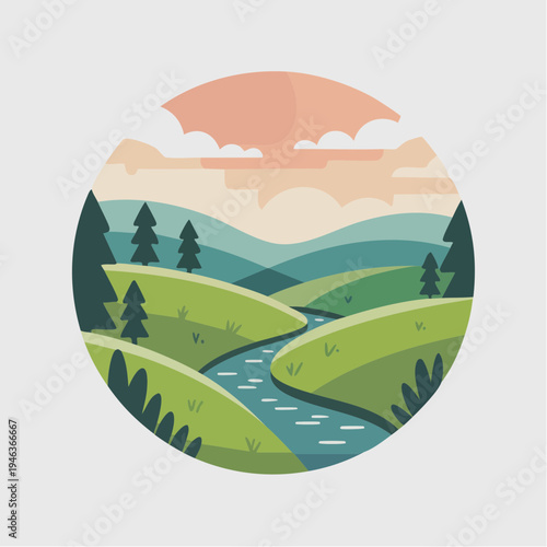 colorful illustration of rolling hills and river landscape
