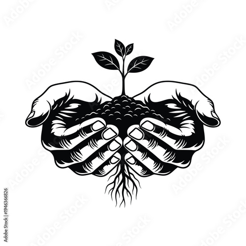 Vector illustration of cupped hands holding a flourishing young plant with intricate roots and fertile soil, symbolizing growth, care, and the nurturing of nature's future