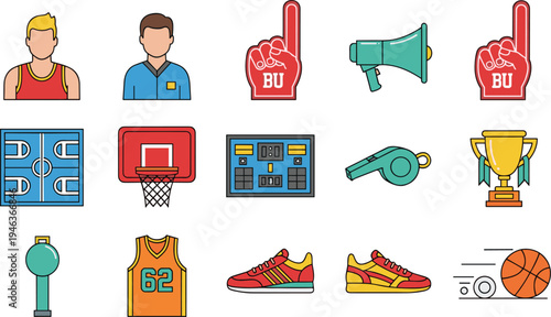 Basketball sport equipment icons set, court hoop jersey shoes trophy whistle megaphone fan foam hand illustration collection