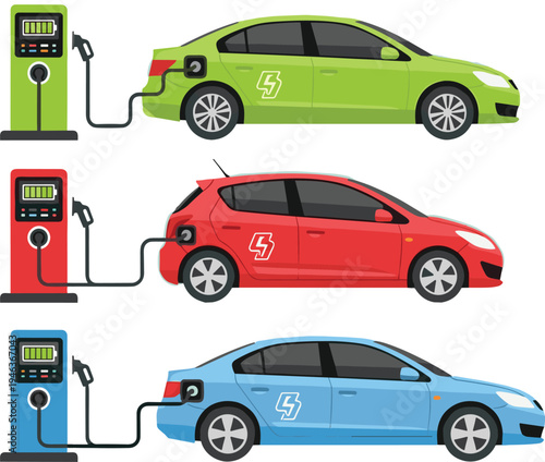 Electric car charging station concept, EV vehicles charging battery, eco friendly transportation technology, sustainable energy vehicle illustration