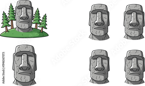 Moai, stone statue, island forest scene, ancient monument, mysterious sculpture, easter island style, tribal heritage, archaeological symbol, cartoon illustration