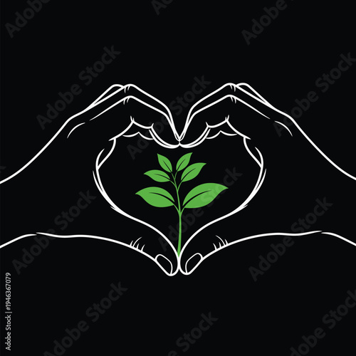 Embracing Nature's Future Symbolic hands form a heart, cradling a vibrant green sprout, signifying environmental protection, sustainable living, and ecological harmony