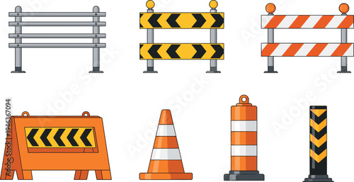 Road construction safety barriers set, traffic cones, warning barricades, highway caution signs, roadwork safety equipment vector illustration
