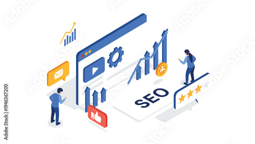 Search engine optimization and digital marketing strategy concept with people working on website growth and social media.