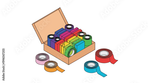 Open cardboard box filled with numerous rolls of colorful adhesive tape in various shades of blue, red, green, and yellow in isometric view.