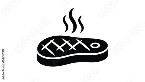 Food and restaurant symbol showing black silhouette of a grilled meat steak with steam lines rising from it.