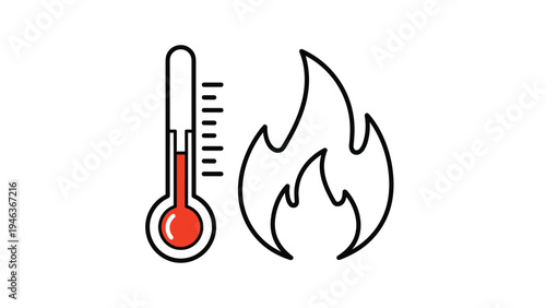High temperature and heat warning concept featuring red thermometer with fire flame icon representing hot weather or fever.