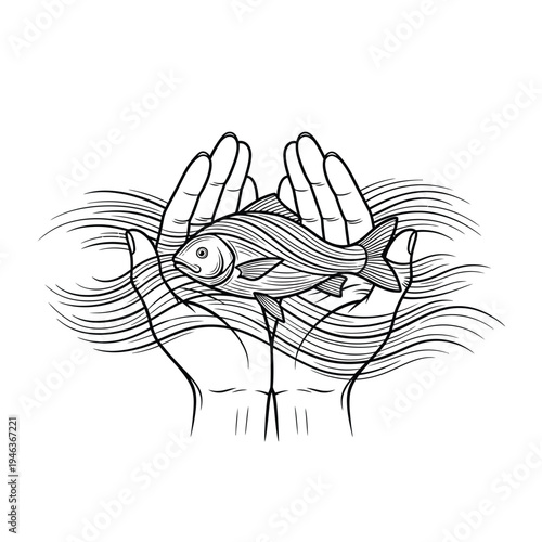 Elegant line art illustration of nurturing hands gently holding a fish amidst flowing water, symbolizing aquatic life protection and environmental harmony