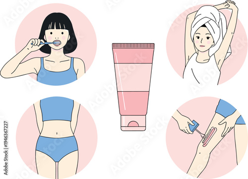 Women daily personal care routine, brushing teeth, skincare cream, shaving legs, body care hygiene lifestyle, beauty routine illustration