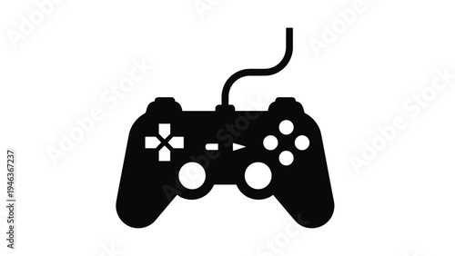 Solid black silhouette of a modern video game console controller with joystick, d-pad, and buttons on a white background.