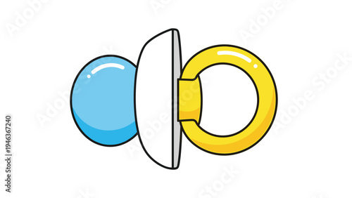 Baby care and nursery product illustration showing blue and yellow pacifier icon against a clean white background.