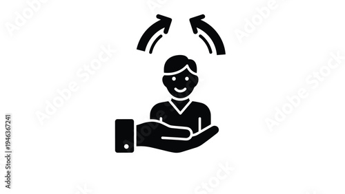 Customer support or human resources icon showing a black silhouette hand supporting a person profile with curved arrows above.