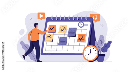 Young man planning and organizing his tasks on a large calendar board with colorful sticky notes and check marks.