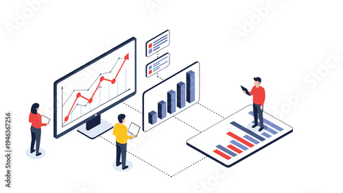 Data analysts examining various financial charts and performance graphs displayed on a large computer monitor in an isometric view.