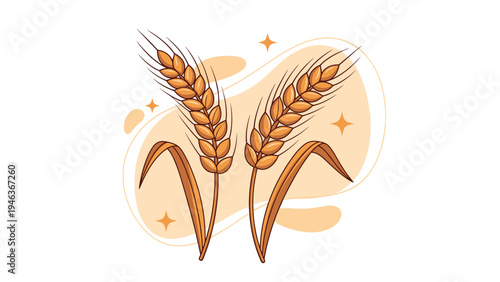 Premium quality wheat and harvest celebration concept showing two golden grain ears with decorative stars and soft shapes.