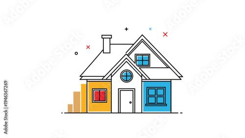 Minimalist illustration of a residential house with a rising bar graph indicating the growth of property value or real estate market.