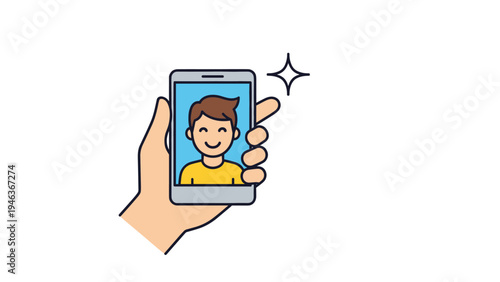 Human hand holding a smartphone displaying a portrait of a smiling young man on the screen, representing a profile or video call.