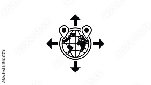 Global logistics and location tracking concept showing earth globe with pin markers and arrows pointing in four directions.