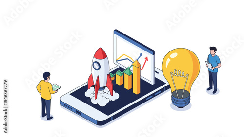 Business professionals analyzing a mobile startup concept featuring a launching rocket, growth charts, and a large light bulb idea.