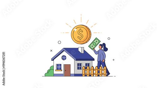 Homeowner standing next to a blue house holding a banknote while a large gold dollar coin glows above, symbolizing real estate investment.