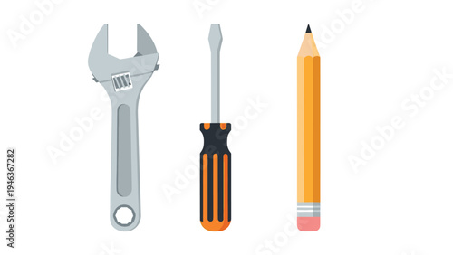Set of manual tools featuring an adjustable wrench, a flathead screwdriver, and a sharpened pencil for measurement and repair.