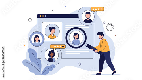 Human resources professional evaluating multiple candidate job profiles and ratings on a large desktop computer screen interface.