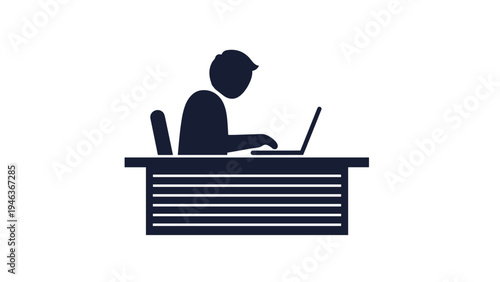 Black silhouette of a professional person sitting at an office desk and working on a laptop computer in a minimalist style.
